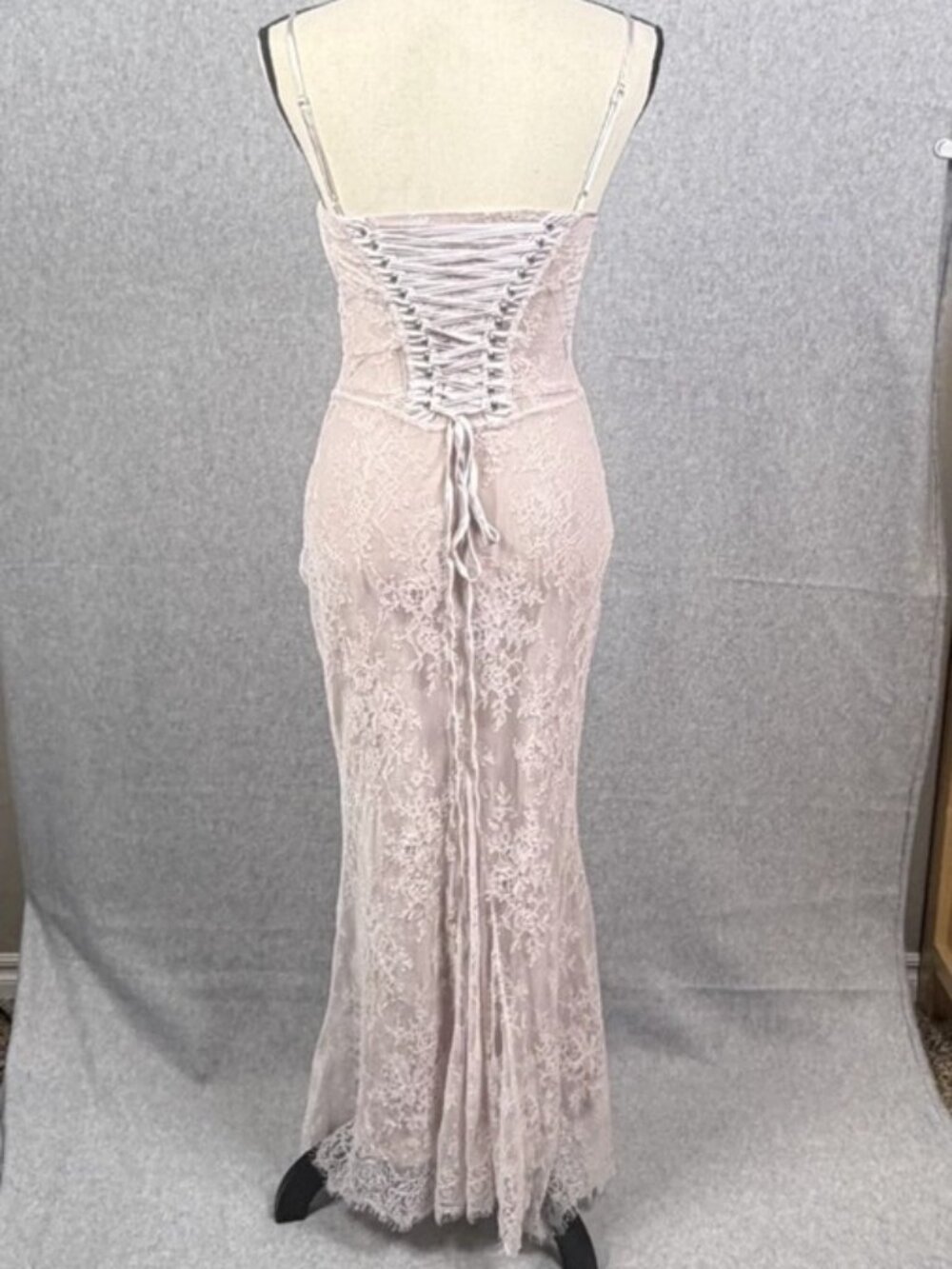Blush Pink Lace Overlay Bodycon Maxi Dress Corset-Style Back Formal Prom Gown S